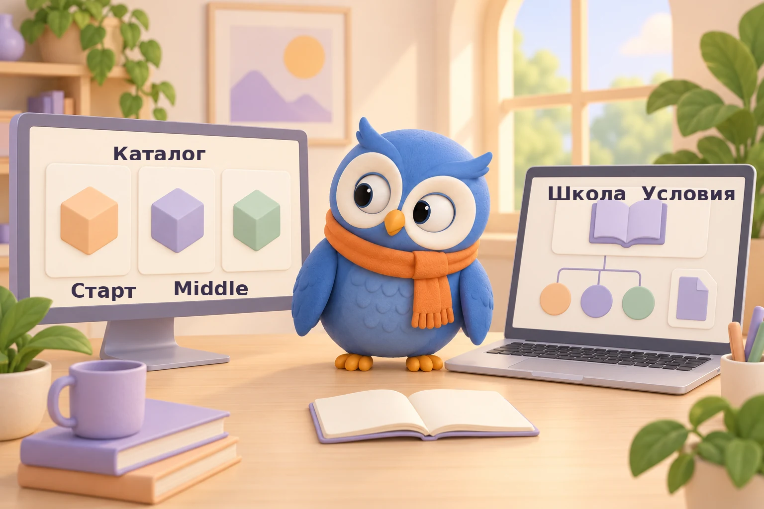Синяя сова сравнивает условные карточки каталога на мониторе и схематичную страницу программы школы на ноутбуке.