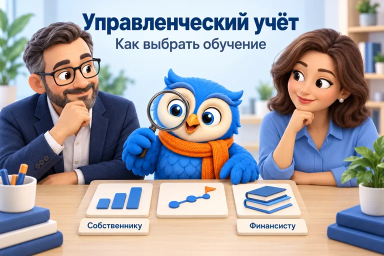 Собственник и финансист выбирают обучение вместе с синей совой в оранжевом шарфе; на обложке надпись «Управленческий учёт».