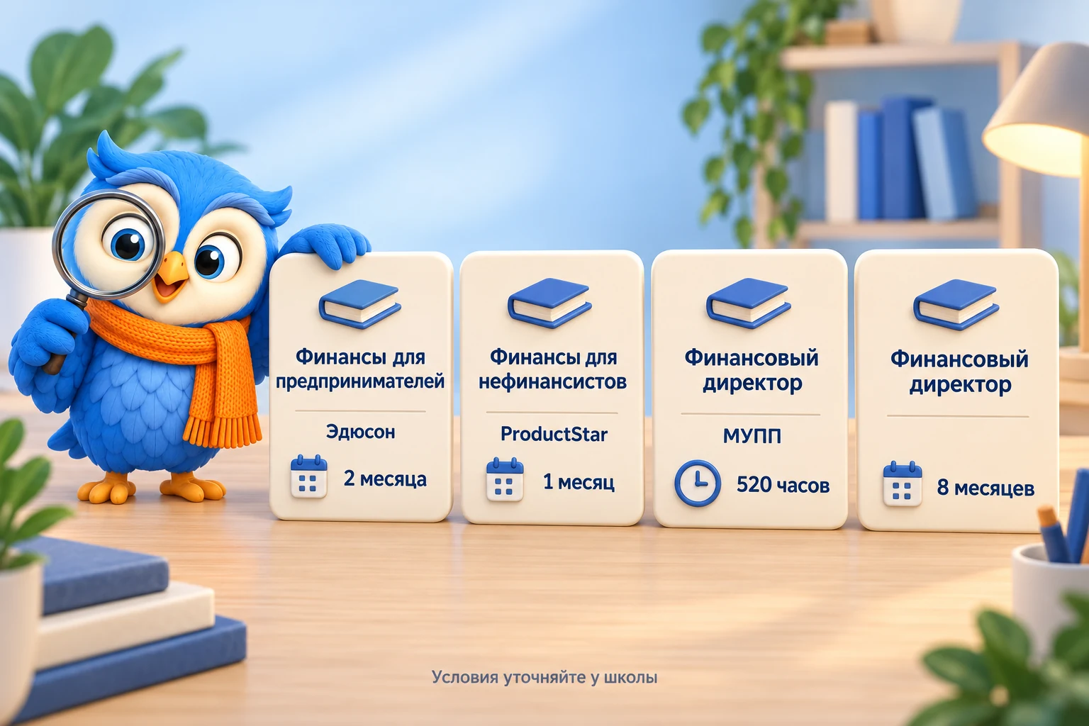 Синяя сова в оранжевом шарфе смотрит на четыре разные карточки обучения со значками календаря и часов и пустыми полями условий.