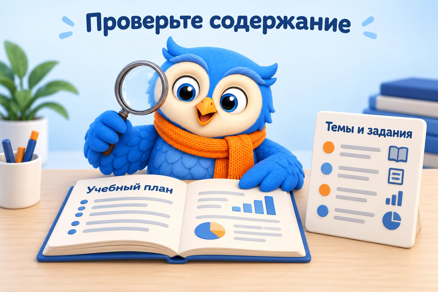 Синяя сова в оранжевом шарфе рассматривает карточку курса через лупу рядом с открытым учебным планом.