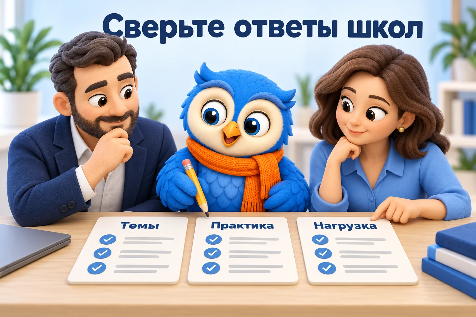 Собственник и финансист сверяют ответы рядом с ноутбуком, а синяя сова в оранжевом шарфе отмечает заполненное поле сравнения.