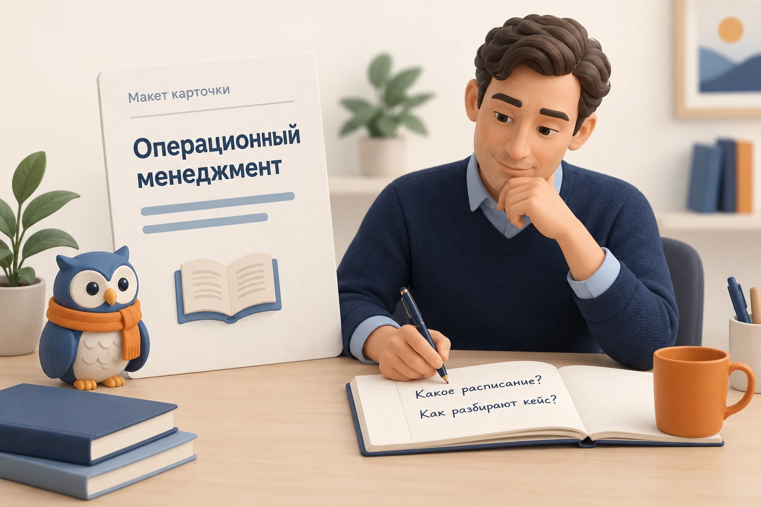 Руководитель изучает макет карточки курса операционного менеджмента и записывает вопросы о расписании и разборе кейса.
