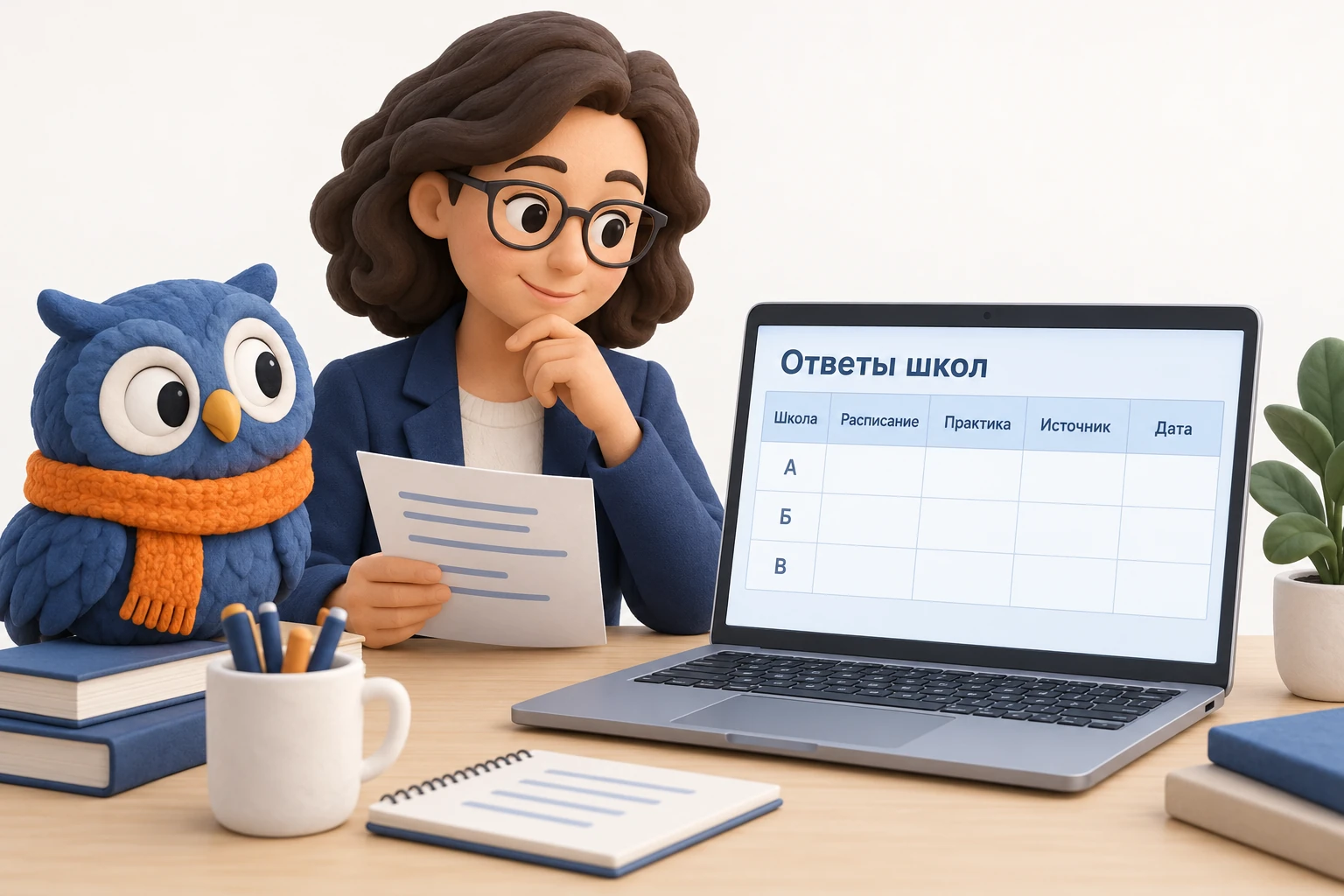 Руководитель за ноутбуком готовит таблицу для сравнения ответов школ; рядом синяя сова в оранжевом шарфе.