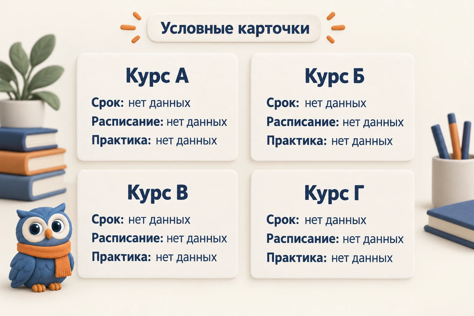 Четыре условные карточки курсов с полями срока, расписания и практики, обозначенными как «нет данных».